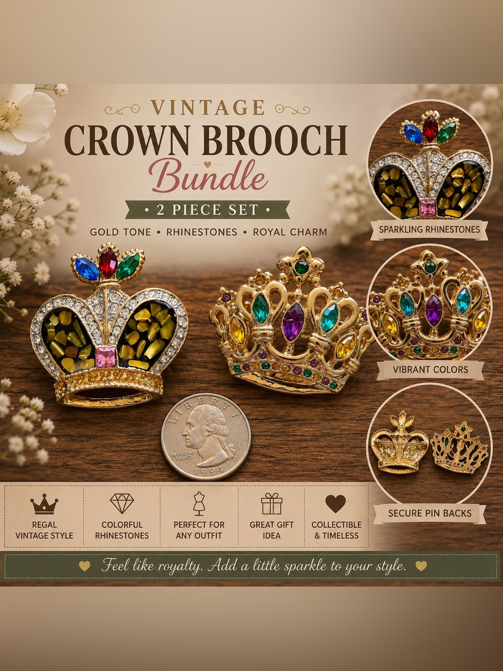 Vintage Crown Brooch Bundle – 2 Gold Tone Royal Crown Pins